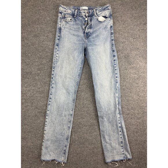 Zara Straight Leg Jeans Women's 6 Blue Denim Button Fly Raw Hem Light Wash - Picture 1 of 7